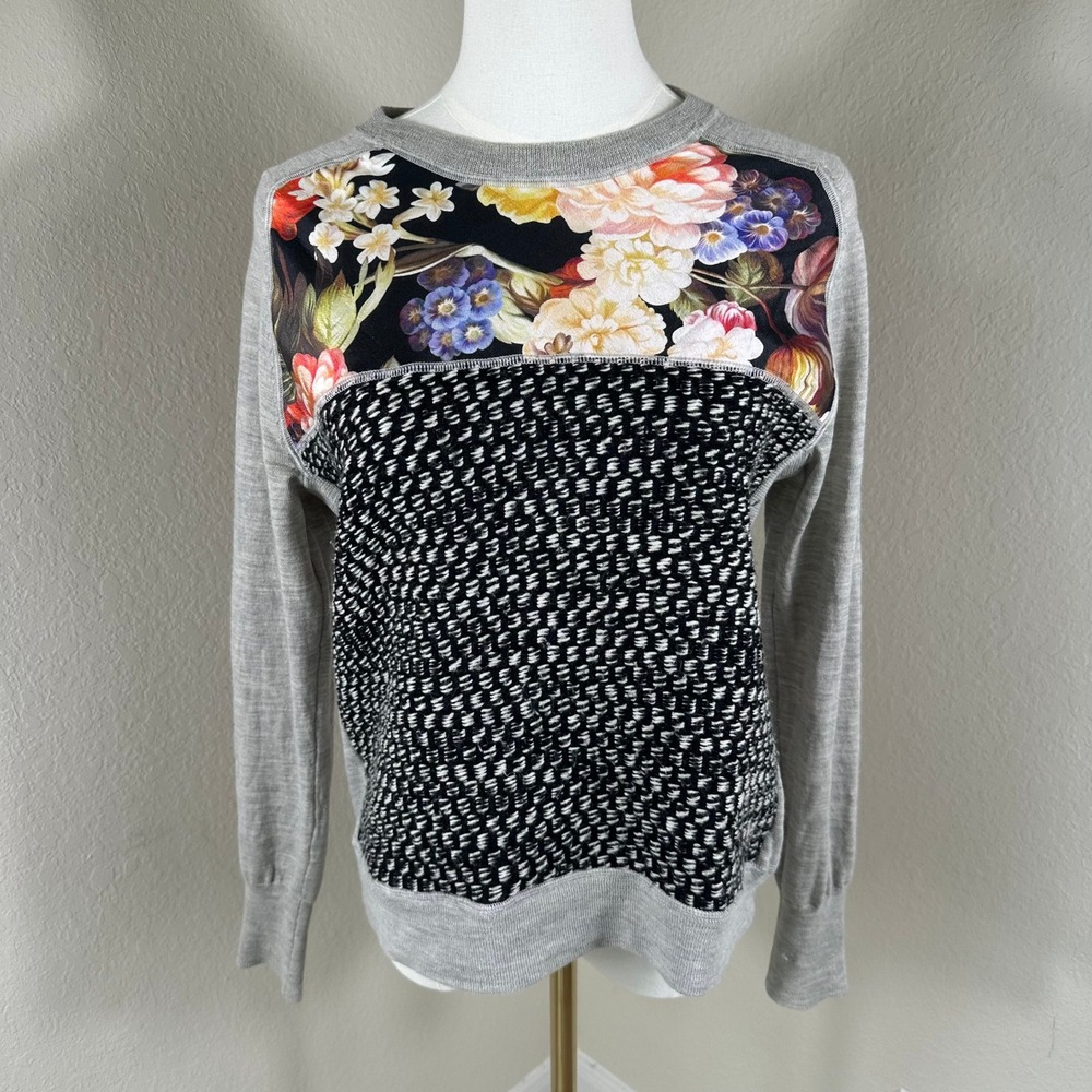 J.Crew Mixed Media Sweater Womens S Gray Floral Silk Merino Wool Boho